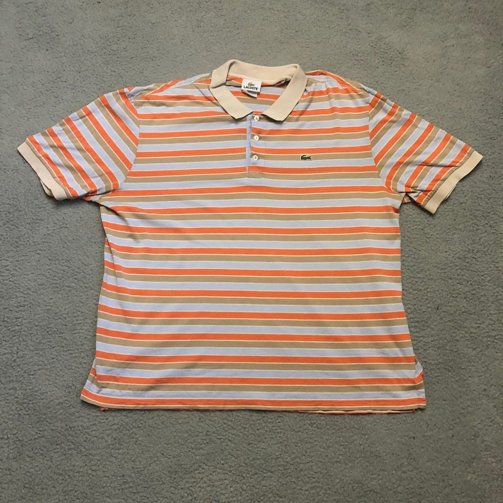 Lacoste Mens‎ Striped Polo Shirt Orange Blue Tan Size 7 XL XXL Short Sleeve Logo